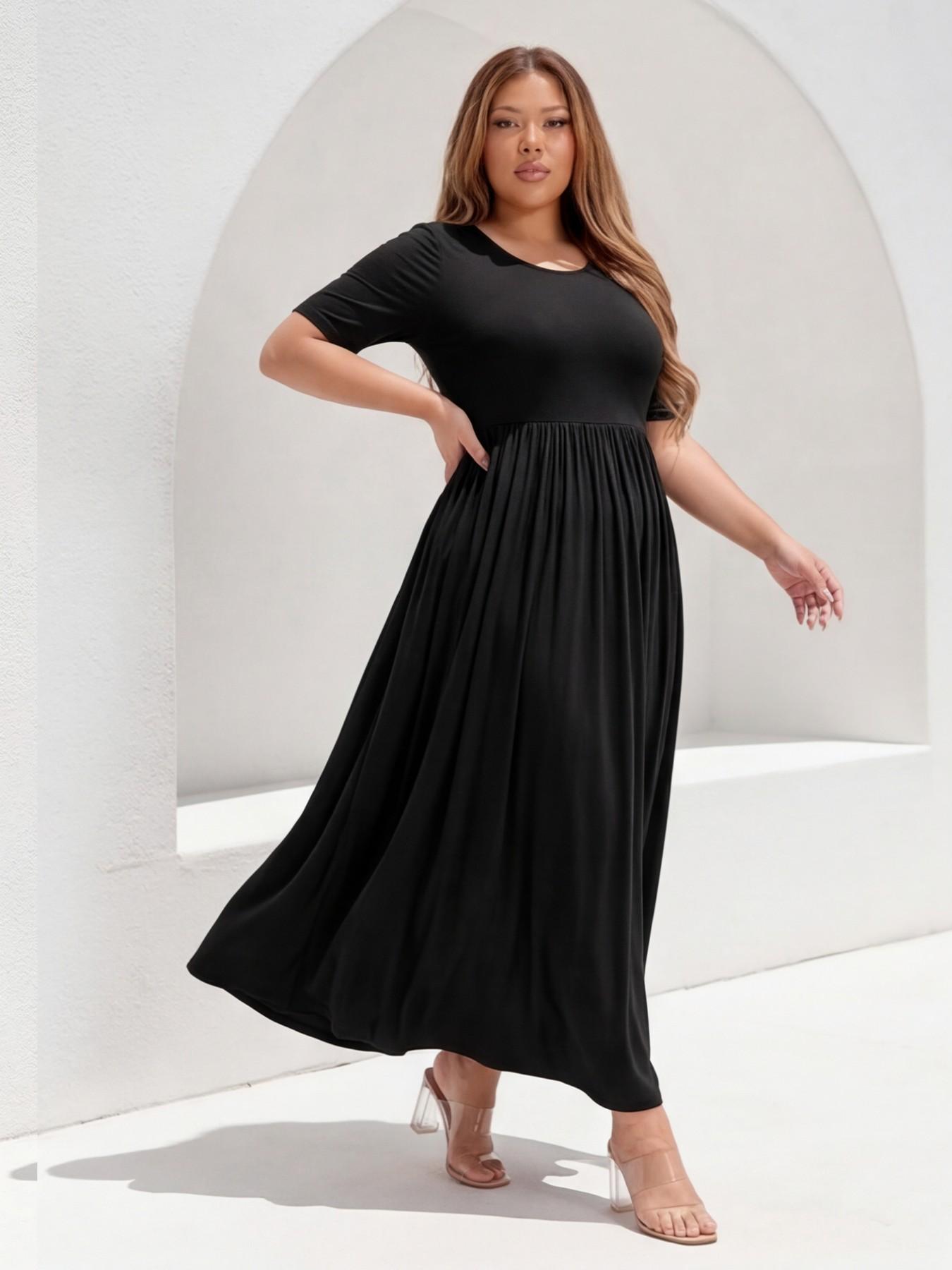 Plus Size Solid Black Maxi Dress | Short Sleeve High Waist Pleated Loose Casual Long Dresses