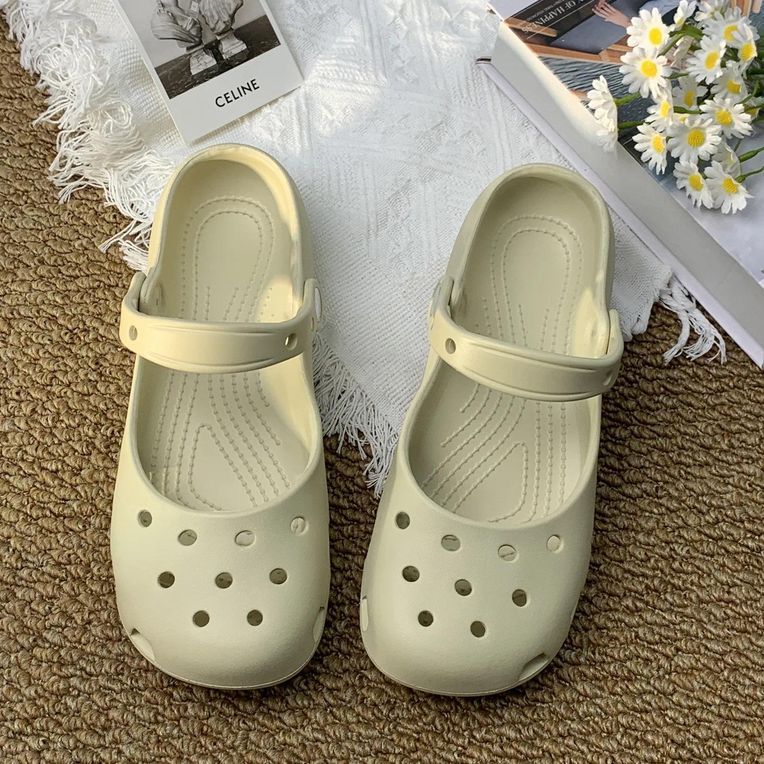 Retro EVA Outer Wear Mary Jane Slippers Shoes Summer New Women's Cute Ballet Hole Shoes Anti Slip Outdoor Beach Sandals