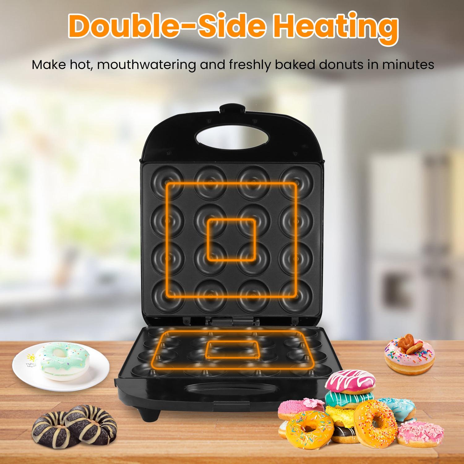 Mini Donut Maker Machine, 16 Holes Non-Stick Waffle Donut Baker, Double Side Heating Electric Doughnut Maker with Overheat Protection, Easy Use Snack Maker for Kids Breakfast Home Dessert Making