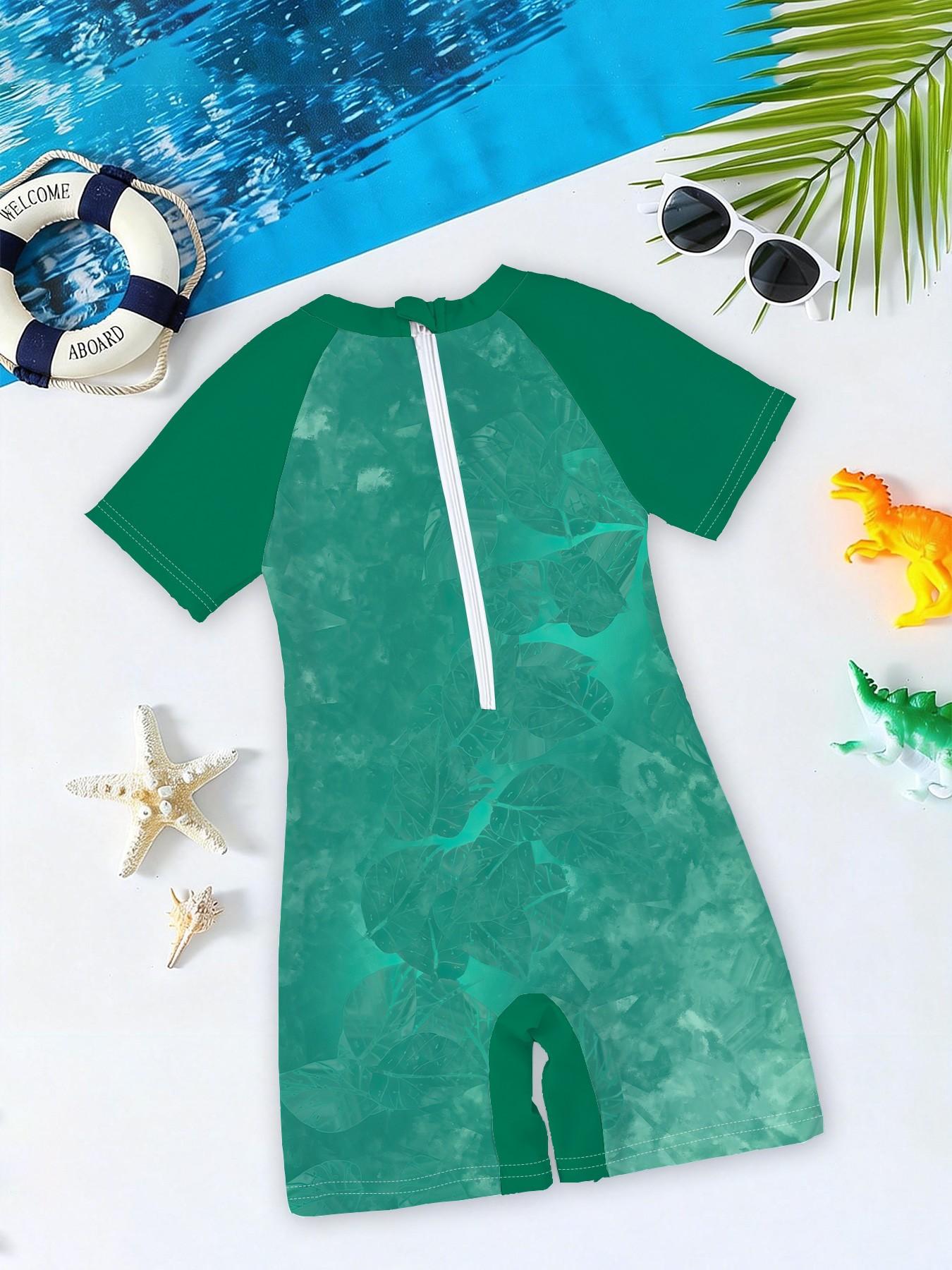 Boys' One-piece Swimsuit "Teenage Mutant Ninja Turtles Sun Protection Style" Teenage Mutant Ninja Turtles cartoon print + contrast-color raglan sleeves, skin-friendly and non-sweaty, suitable for playing in the pool / at the beach / in the water park