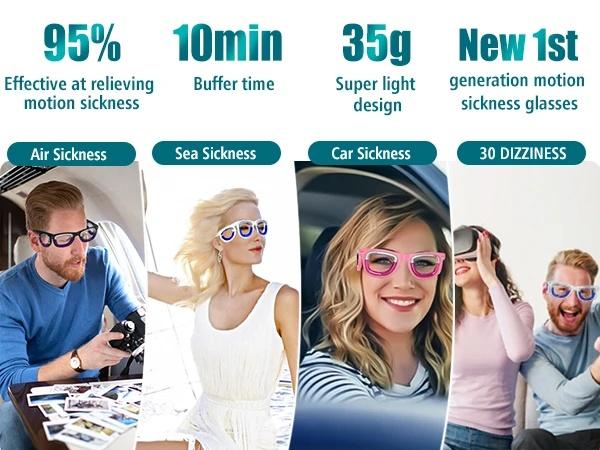 Reusable Liquid Technology Anti-Motion Sickness Glasses - Food-Safe Travel Motion Relief for Car, Boat Use with VR Games Compatibility