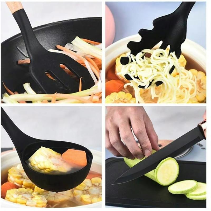 19 Piece Silicone Kitchen Utensils Set with Wooden Handle & Knives - Heat-Resistant, Non-Stick Cooking Tools & Storage Bucket - Perfect Kitchen Gadgets for Easy Cooking and Cleaning Cookware Barrel Stainless Steel kitchen