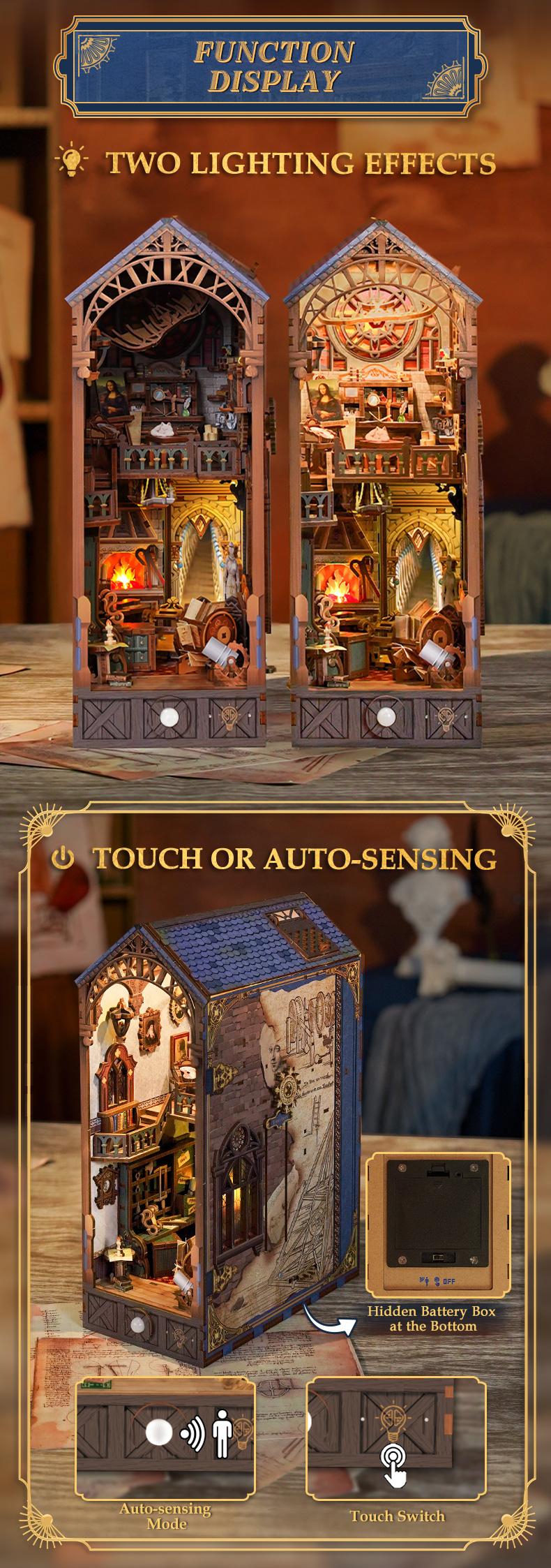 Tonecheer DIY Book Nook Kit for Adults, 3D Wooden Puzzle Bookend Miniature House Kit, Booknook Bookshelf Insert Decor with Dust Cover and LED Lights Gifts (Leonardo da Vinci)