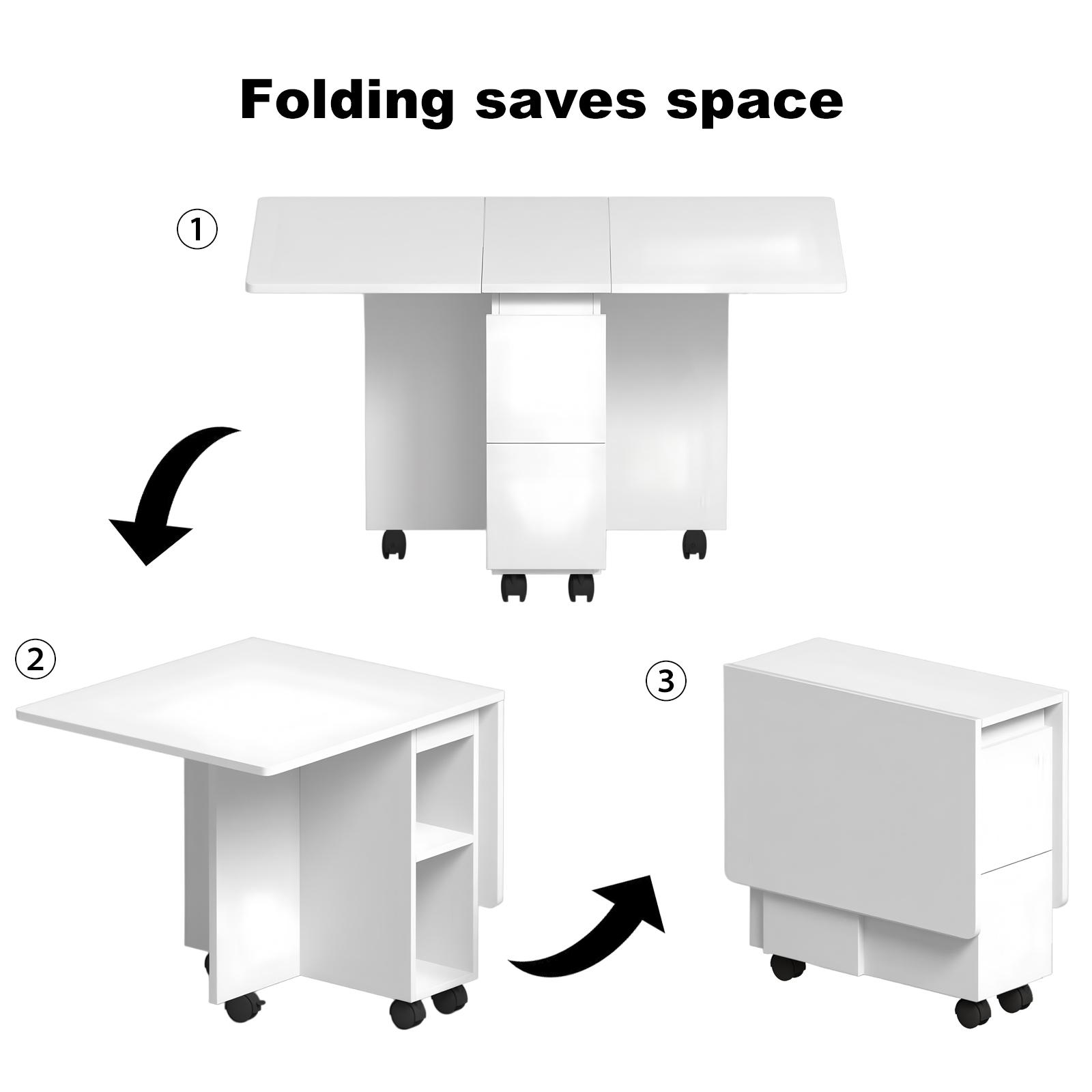 5 Pieces Dining Table Set, Folding Drop Leaf Dining Table Set for 4 with 4 Chairs, Space Saving Foldable Dining Table with Storage and 6 Wheels, 47.2 inch D x 23.6 inch W x 30.3 inch H, White