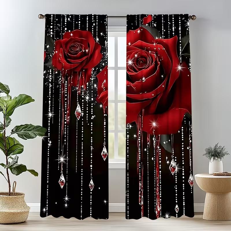2-Piece Pearl Rose Print Window Curtain Set, Durable Semi-Transparent Polyester Fabric, Washable, Ideal for Bedroom/living Room/library