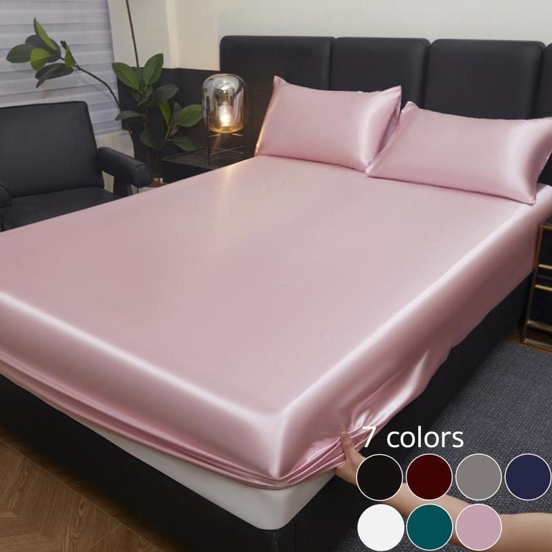 2/3pcs silky satin solid color fitted bed sheet set, dust-proof and dirt-resistant mattress cover, skin-friendly and breathable, cool and comfortable, silk-like bedding, Satin bed sheets, Cooling sheet set, suitable for bedroom/hotel, multiple sizes