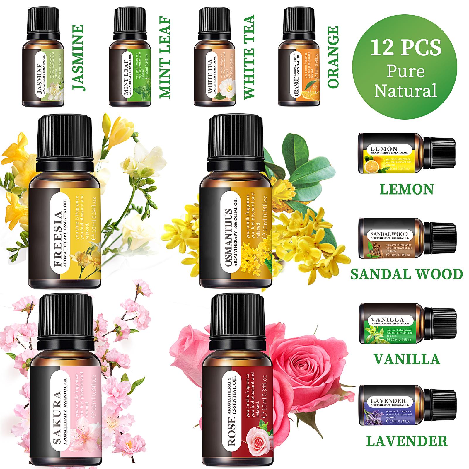 Essential Oils Set, 10 ML Bottles Set For Home Care, Fragrance, Humidifiers, Difusors & Aromatherapy Oils Set Gifts, Mint Leaf, White Tea, Lavender, Lemon, Orange, Osmanthus, Vanilla, Sakura, Rose, Freesia, Sandalwood, Jasmine