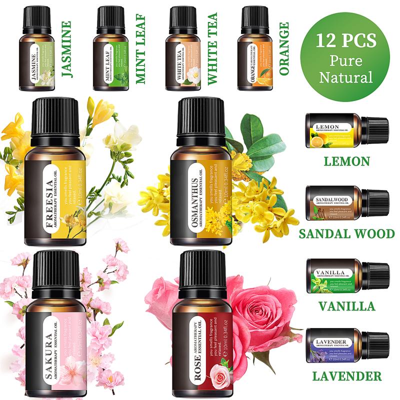 Essential Oils Set, 10 ML Bottles Set For Home Care, Fragrance, Humidifiers, Difusors & Aromatherapy Oils Set Gifts, Mint Leaf, White Tea, Lavender, Lemon, Orange, Osmanthus, Vanilla, Sakura, Rose, Freesia, Sandalwood, Jasmine