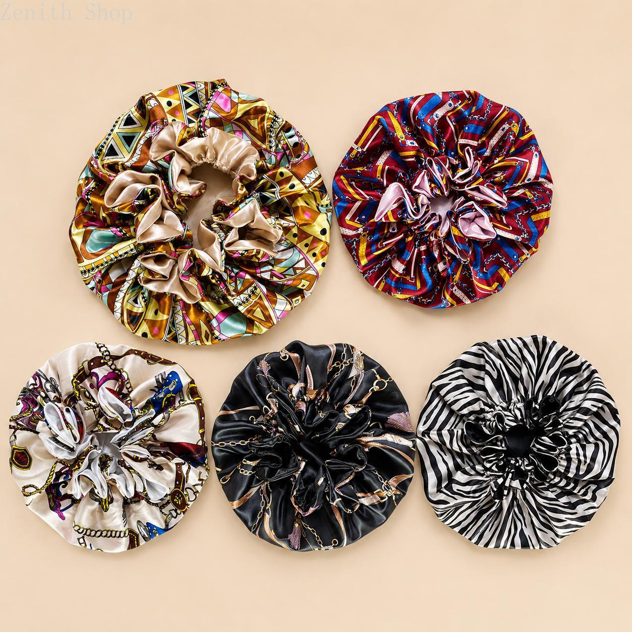 Double‑Layer Floral Print Sleep Bonnet, Lightweight Polyester Hair Protection Cap for Home Travel