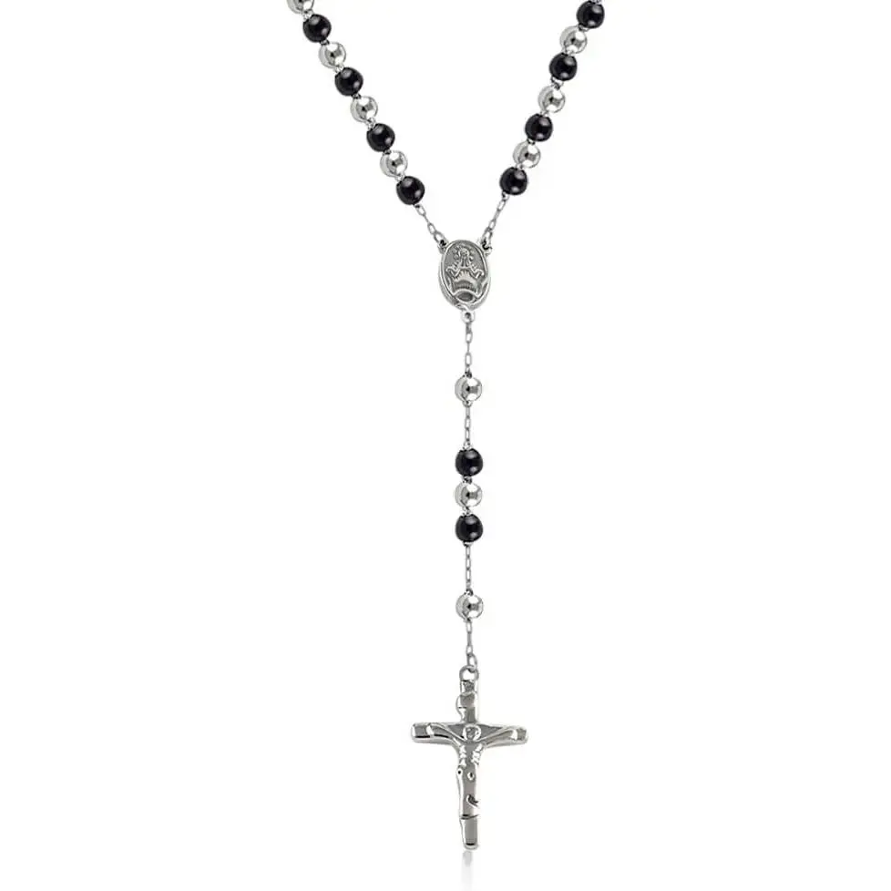 Stainless Steel Beaded Rosary Cross Necklace - 6MM Crucifix Medallion Y-Chain for Women & Men Religious, Rose or Black Color with Box