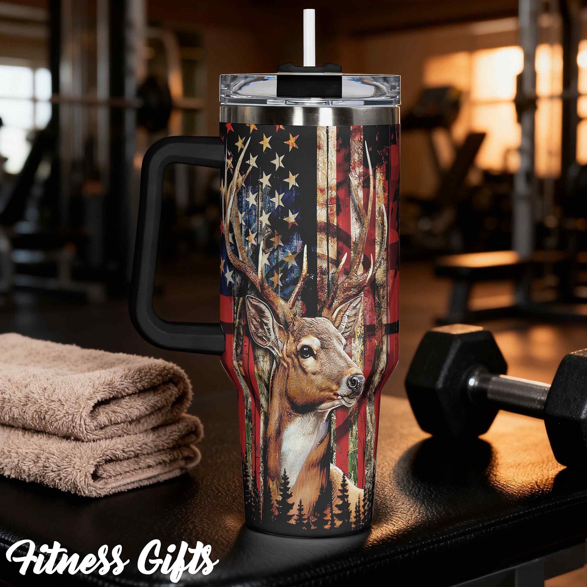 40oz, 1pc Gift, Stainless Steel Cup, Insulated and Durable, Stainless Steel Tumbler, Featuring a beautiful American Flag Deer Design, Perfect Gift for Horse Lovers and Equestrians, Great for Hot or Cold Beverages