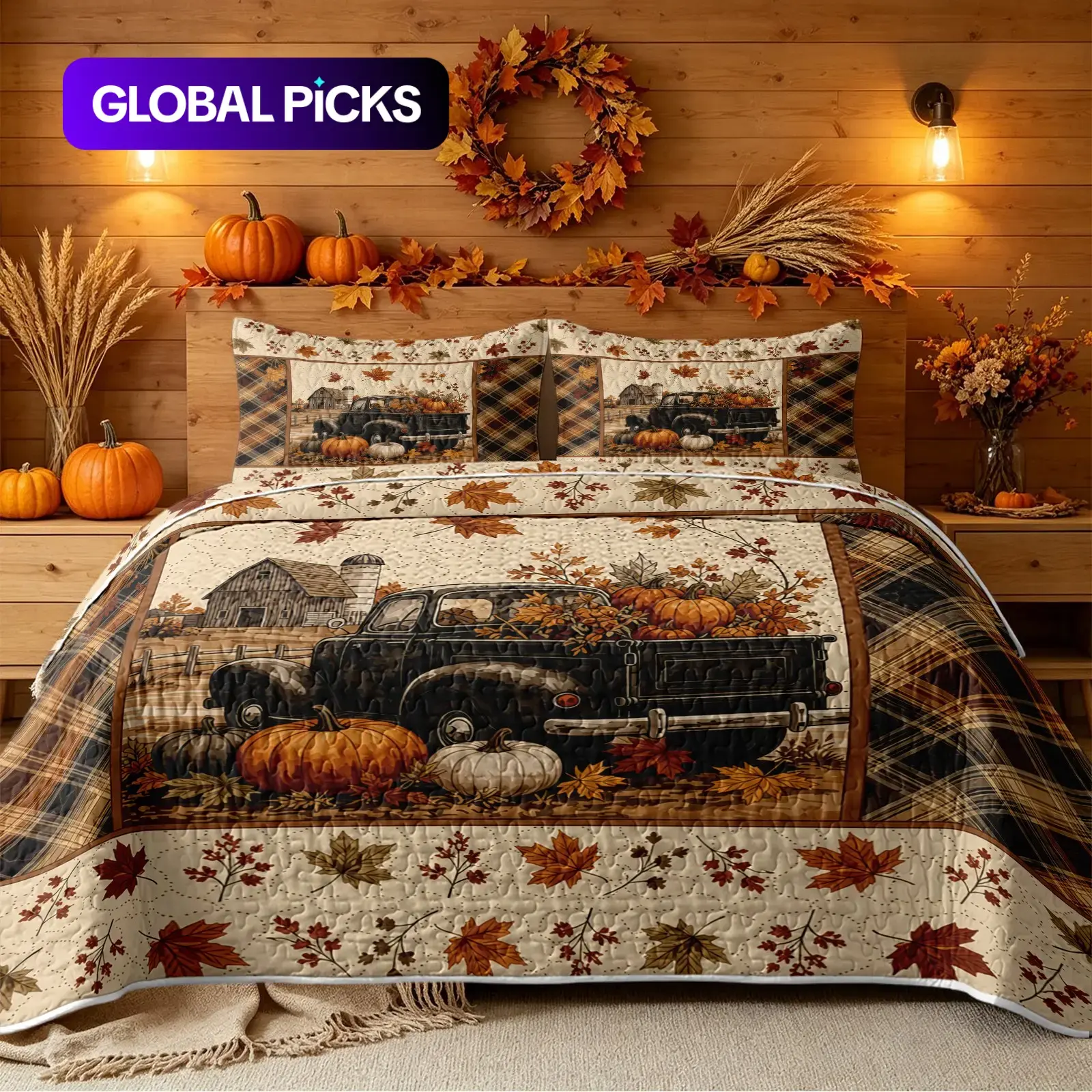 3Pcs Fall Farm Vintage Truck Pumpkin Quilt 3 Piece Set Includes 1 Quilt And 2 Pillowcases Old Pickup Harvest Pumpkin Maple Leaf Pattern Plaid Spliced Border Country Farmhouse Style Reversible Soft Bedding Home Quilt Set No Inner Filling All Season Use