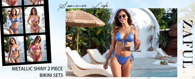ZAFUL Metallic Bikini Sets for Women Sexy Triangle String High Cut Swimsuits Shiny Silver Two Piece Bathing Suit
