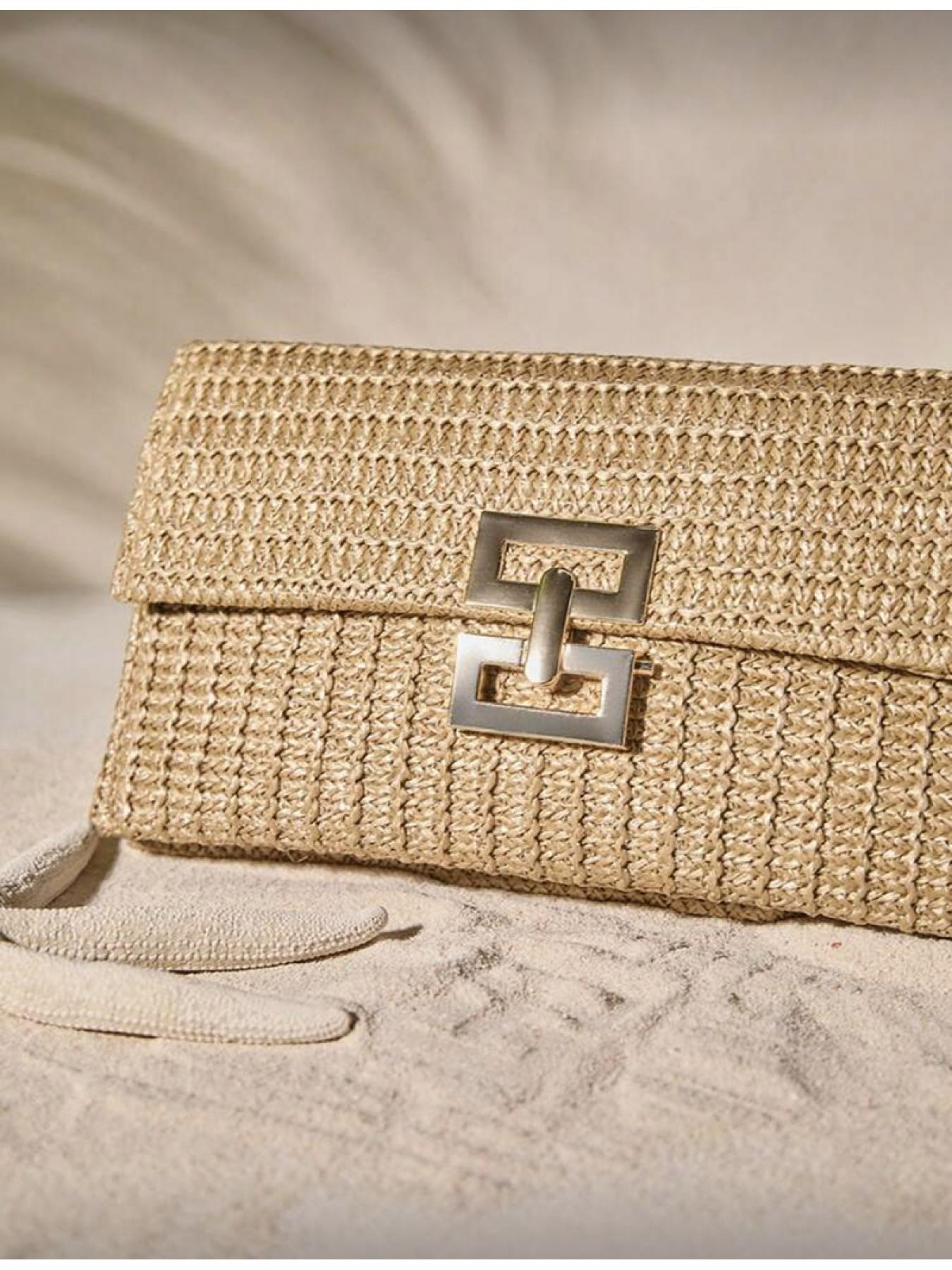Multi-layer Twist Lock Flap Gold Handbag Casual Shoulder Bag Woven Design Ideal for Beach Getaway and Christmas New Year Presents