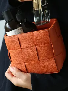 High-Quality top-grain leather Storage Basket, Elegant Makeup Brush Organizer, Perfect for Vanity & Bathroom, Essential for Beauty Bloggers