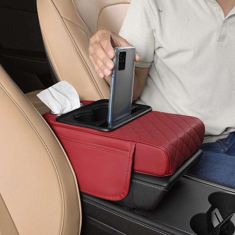 Multifunctional PU Leather Car Armrest Box Mat with Central Elbow Heightening Pad Storage Box Cup Holder & Car Tissue Box Auto Interior Accessories，Car Storage Box，Car Tissue Box