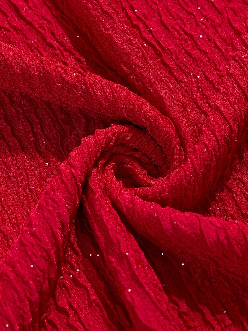 Aliling Christmas Dresses Women's Elegant Long Sleeve Ruffle Dress, Shoulder-Exposed Plain Design, Slim Fit Fall & Winter Fashion, Super Long A-Line Style