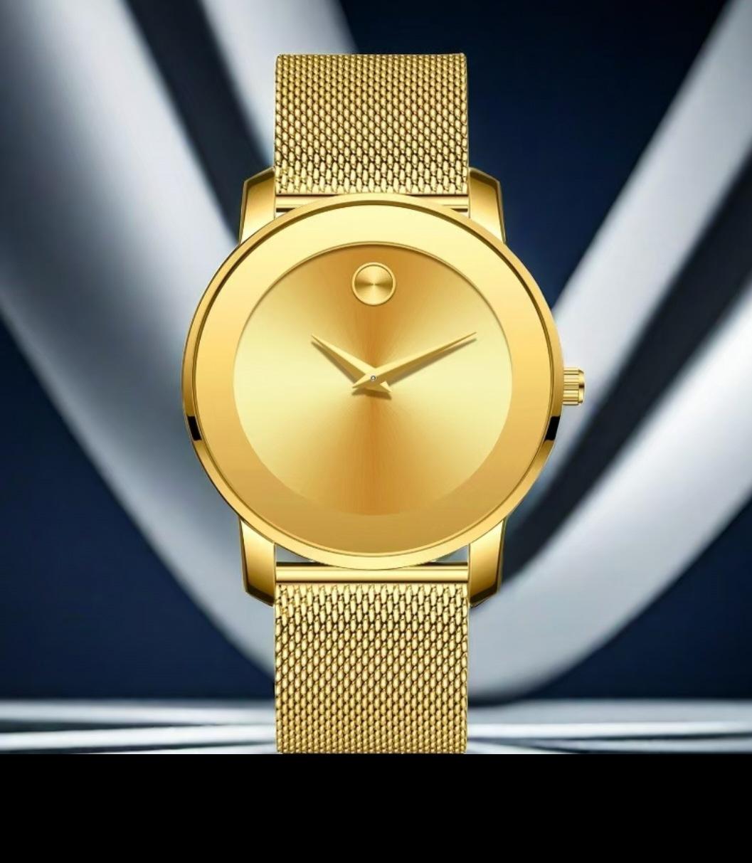 Men's Minimalist Gold Mesh Band Quartz Watch - Sleek No-Number Dial, Water Resistant, Luxury Casual Wristwatch, Perfect Gift for Him