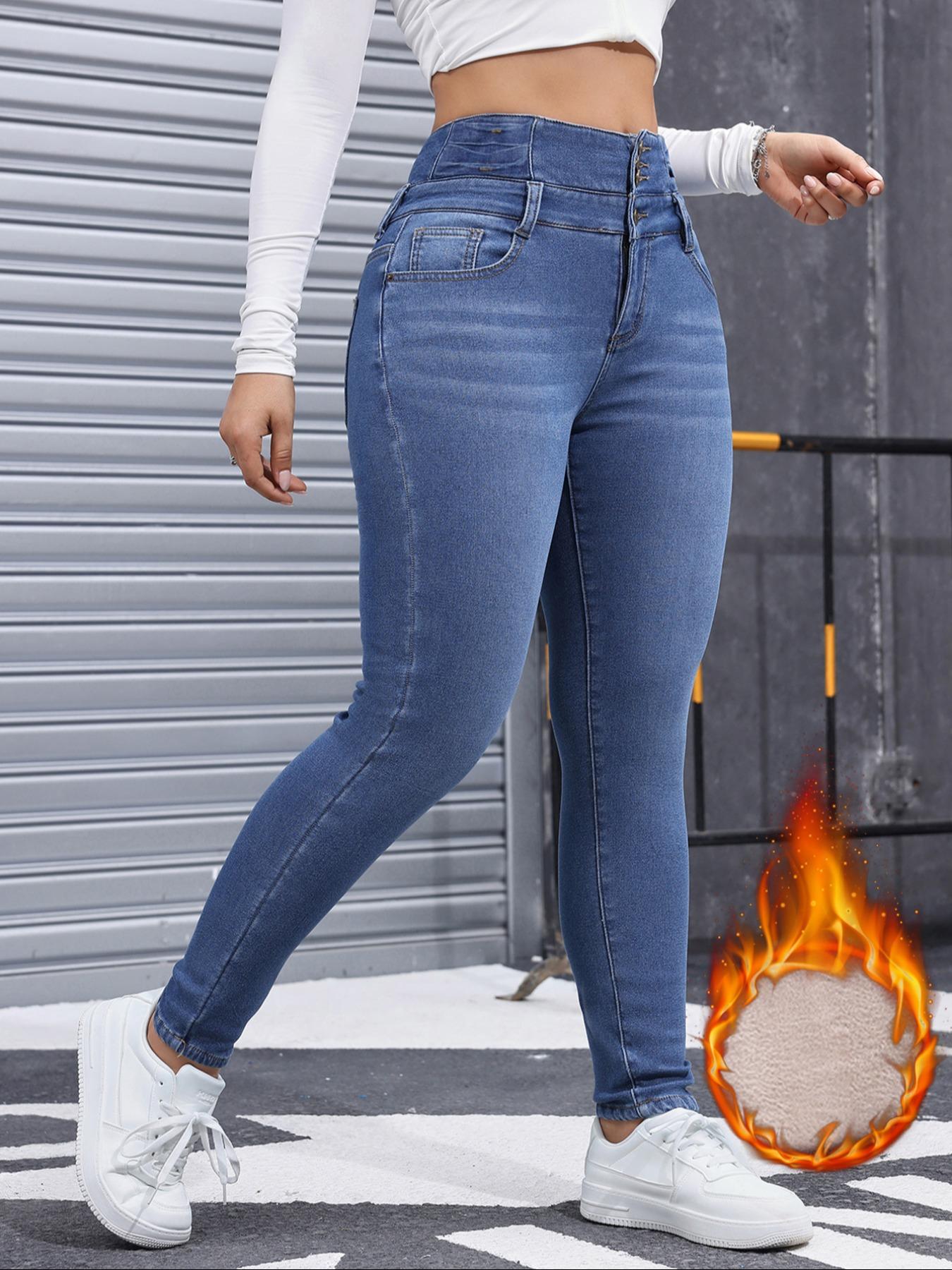 Women's Fleece-Lined Jeans, High Stretch Thick Woven Denim For Winter, Slimming, Fitted And Comfortable
