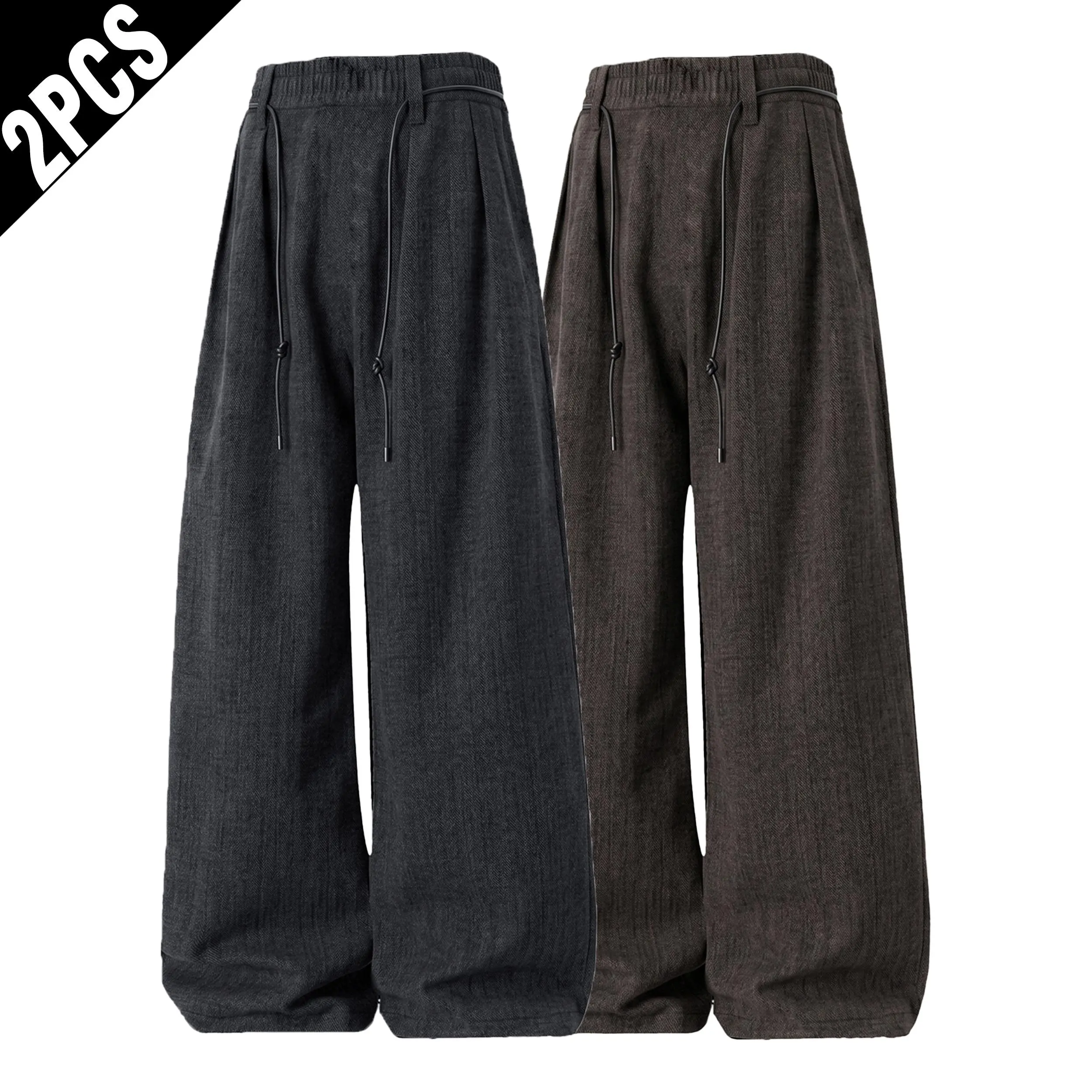 Men's 2-Pack Solid Plain Textured Fabric Pants - Elastic Back Waist, Drawstring, Pleated Wide Leg, Loose Drape Baggy Vintage Street Casual Long Trousers