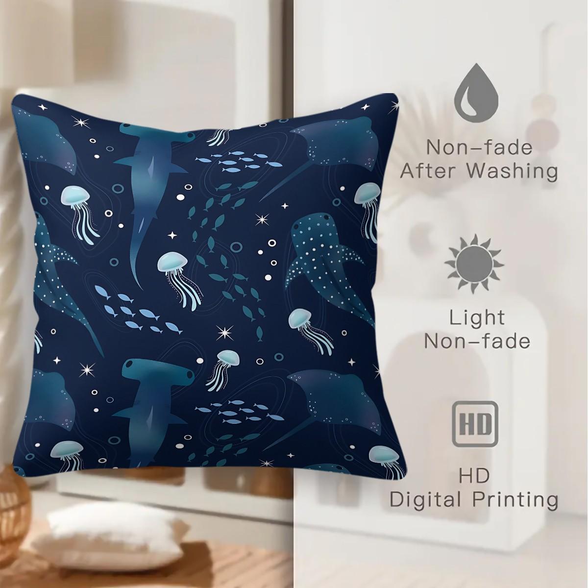 Deep-Sea Creature Patterned Throw Pillows, a Lively Hammerhead Shark and Jellyfish, 45cm Square and Include a Pillow Insert. Perfect Choice for Ocean-Themed Decor, Offering Soft Comfort and an Ideal Addition to Sofas and Bedrooms.