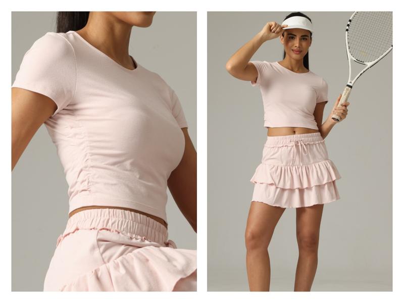 Colorfulkoala Women's Sorona Crew Neck Short Sleeve Tops with Side Ruched Waist Slim Fit Design Workout Shirt