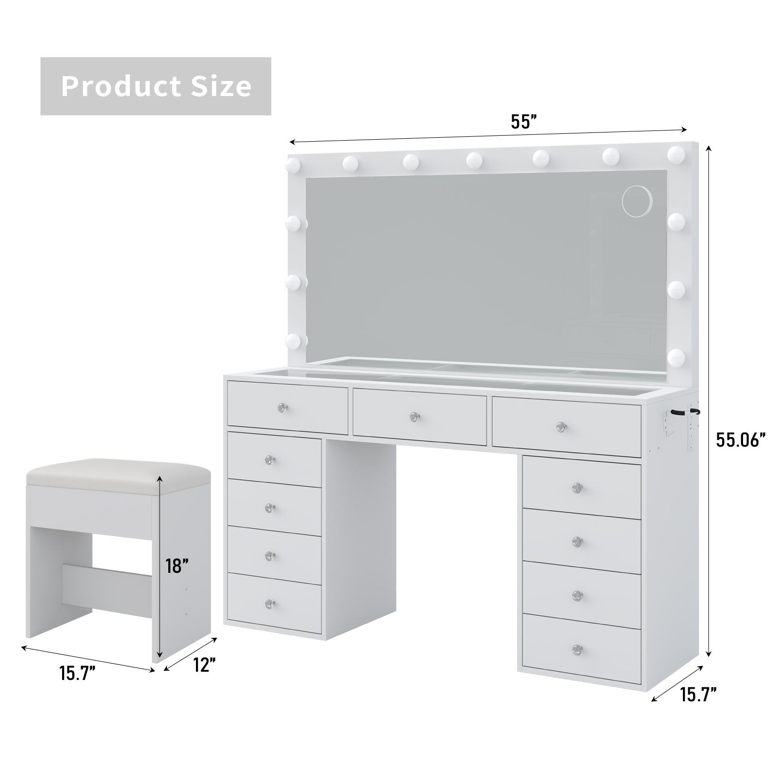 FUSOU 55"W 11 Drawers Makeup Vanity with Charging Station, Vanity Desk with 13 LED Bulbs and HD Mirror,  3 Color Brightness Adjustable, Glass Top Vanity Set for Bedroom, White