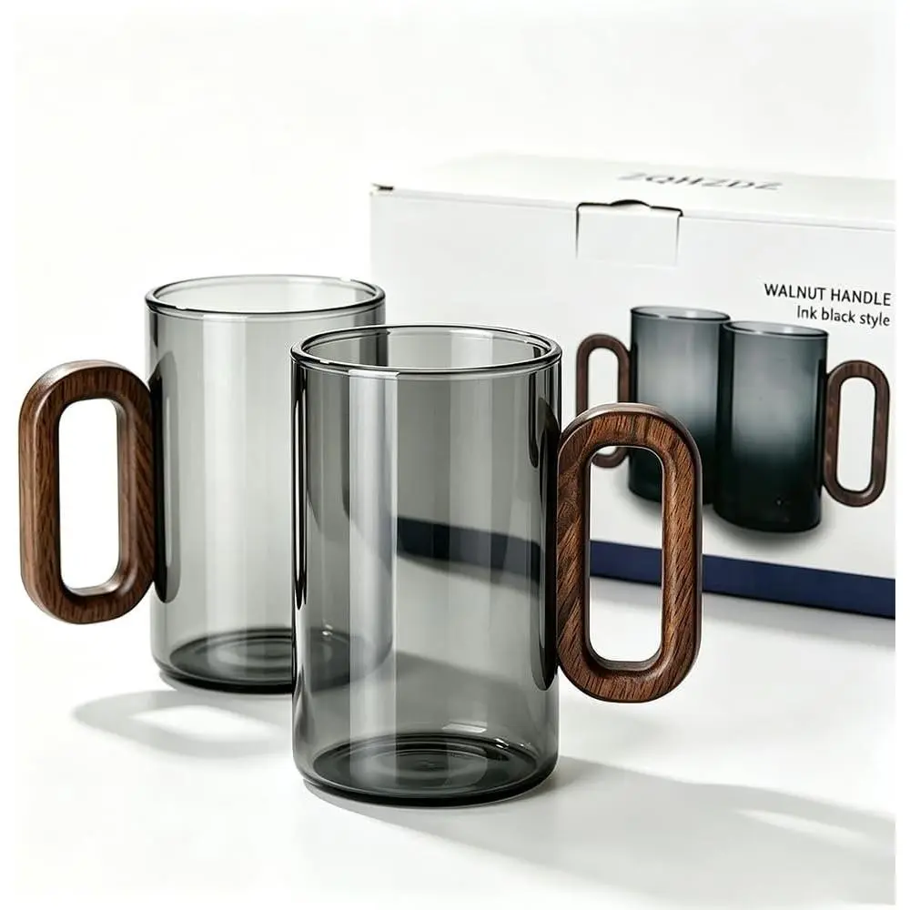 12OZ Borosilicate Glass Mug with Walnut Handle, 2-Pack |  Gray, Break Resistant, , for Espresso Cappuccino Hot/Iced , Modern  Office, Dishwasher Safe