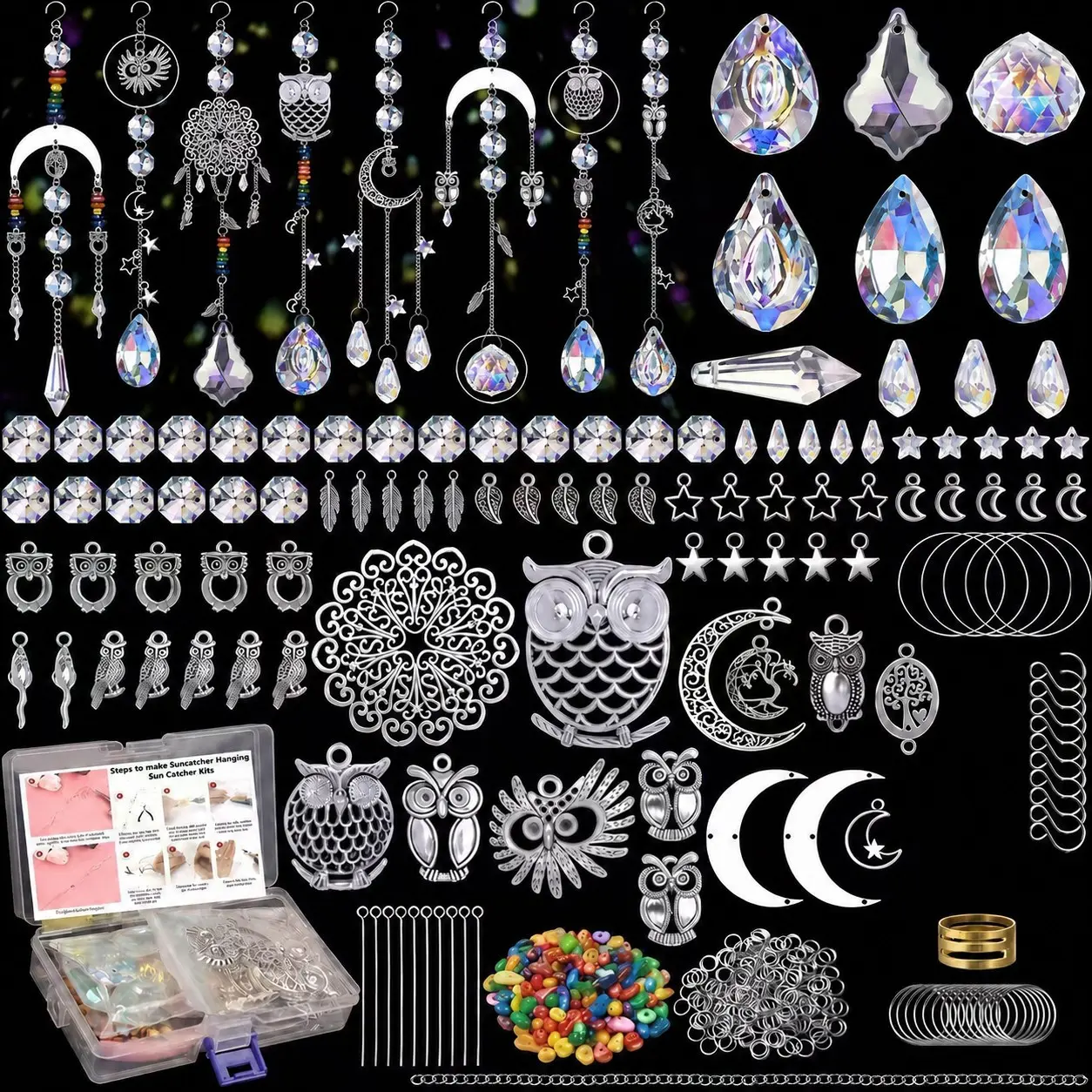 420 Piece Crystal Rainbow Maker Handmade Kit, Owl Sun Catcher DIY Set for Weddings, Includes Glass Beads & Tools, Indoor Window Decor