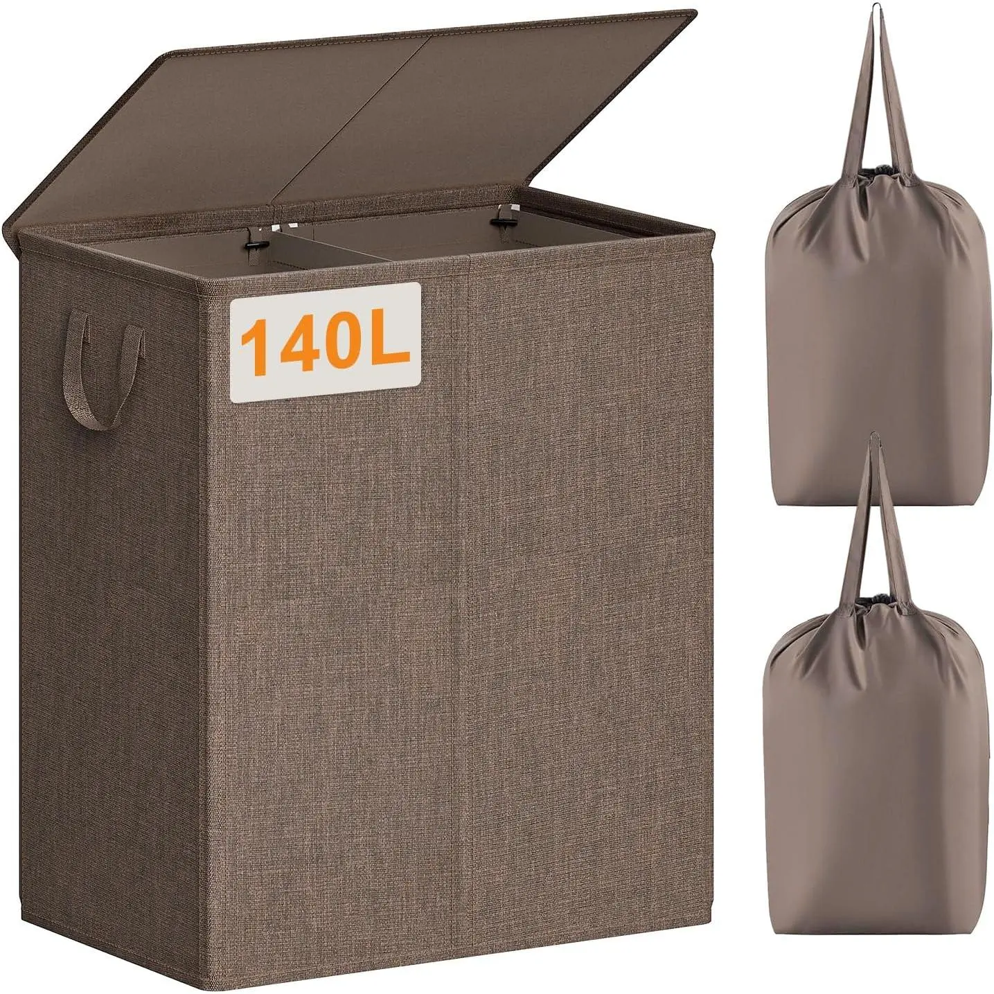 Double Laundry Hamper with Lid, 140L Laundry Basket 2 Section | Large Dirty Clothes Hamper 2 Compartments with Removable Liner Bags & Handles, Collapsible Storage for Bedroom, Doom, Brown
