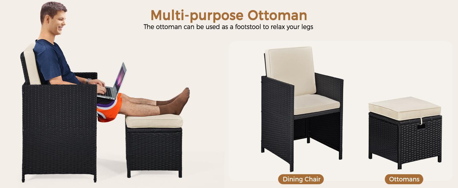 Yaheetech 9-Piece Patio Dining Sets, Outdoor Space Saving Rattan Chairs with Glass Table, Wicker Sectional Conversation Furniture Set with Removeable Cushions, Black/Beige