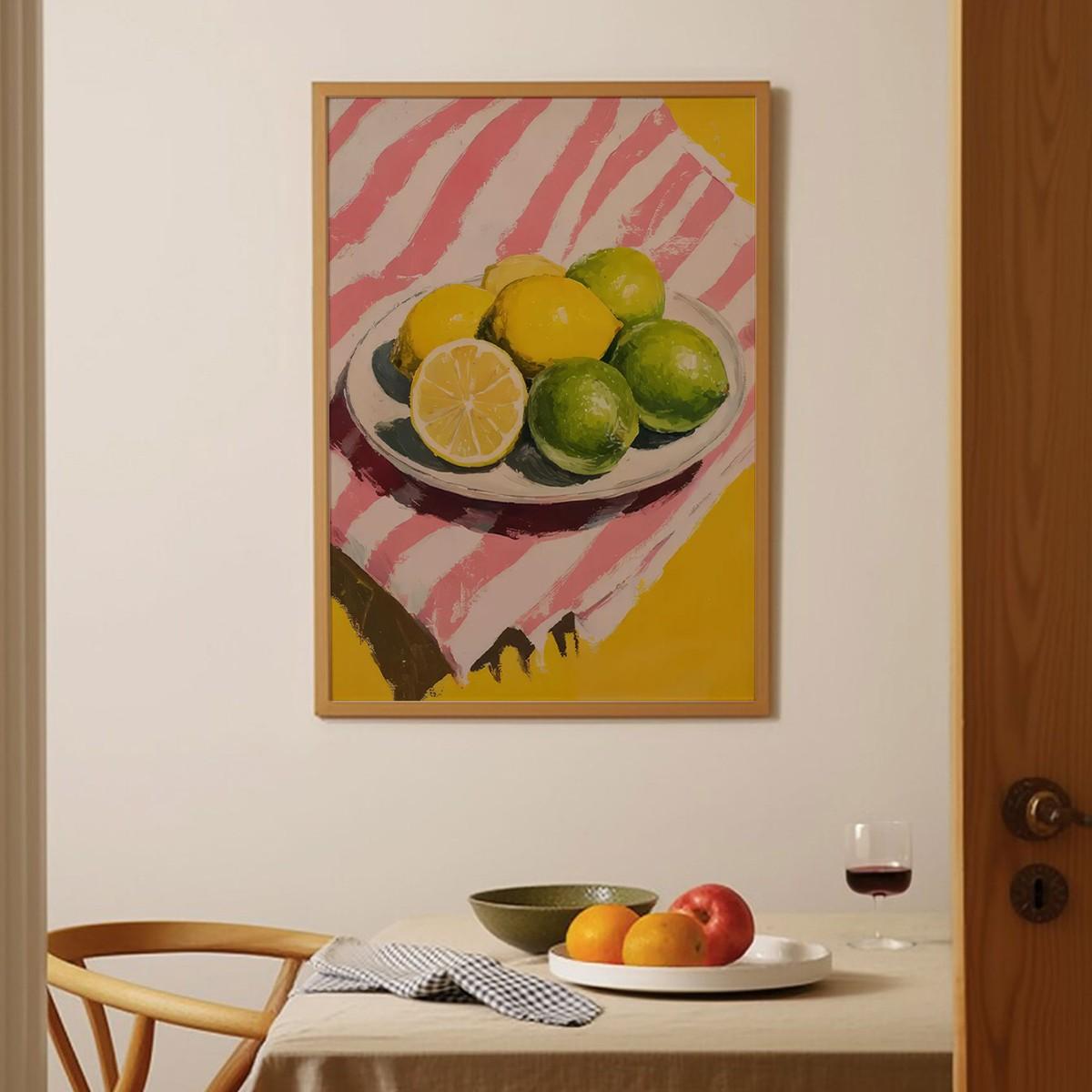 Vibrant Lemon Striped Art Print, Danish Soft Canvas Poster, Modern Wall Decor for Kitchen Living Room Bedroom, Unframed