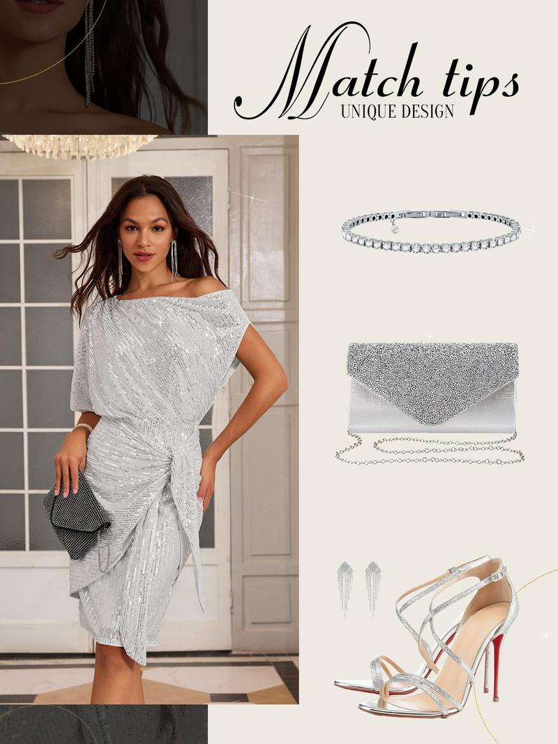 【Delicate Sequin Design】GRACE KARIN Cocktail Dresses for Evening Party One Shoulder Ruched Sequin Dresses