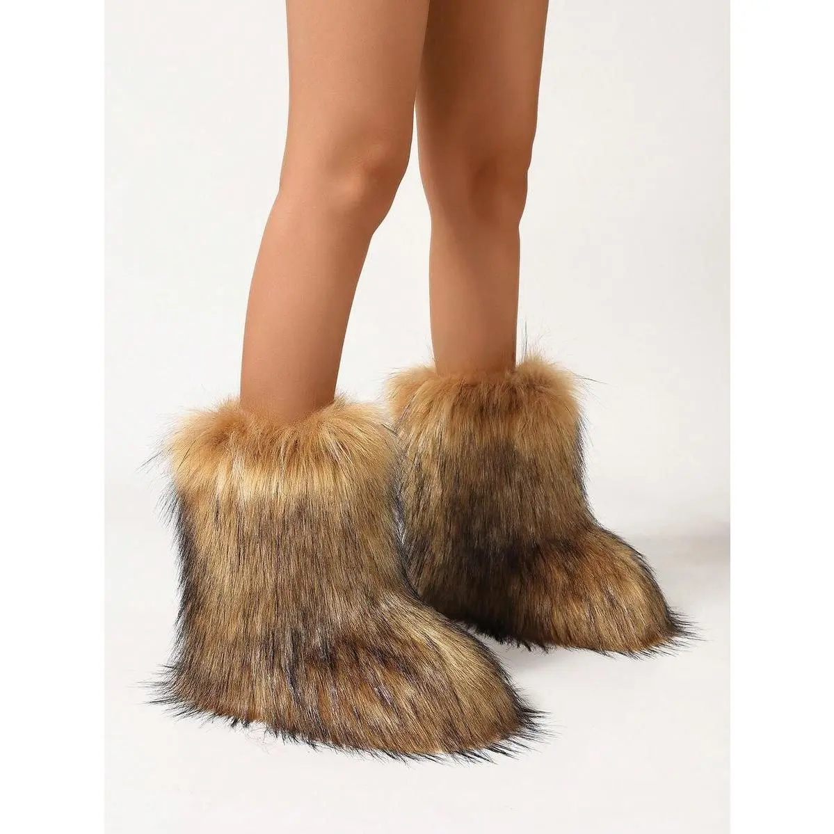 Y2K Style Fluffy Faux Raccoon Fur Mid-Calf Boots For Autumn And Winter, Ultra Soft Plush Texture, Flat Sole Warm Snow Boots Ideal For Street Style