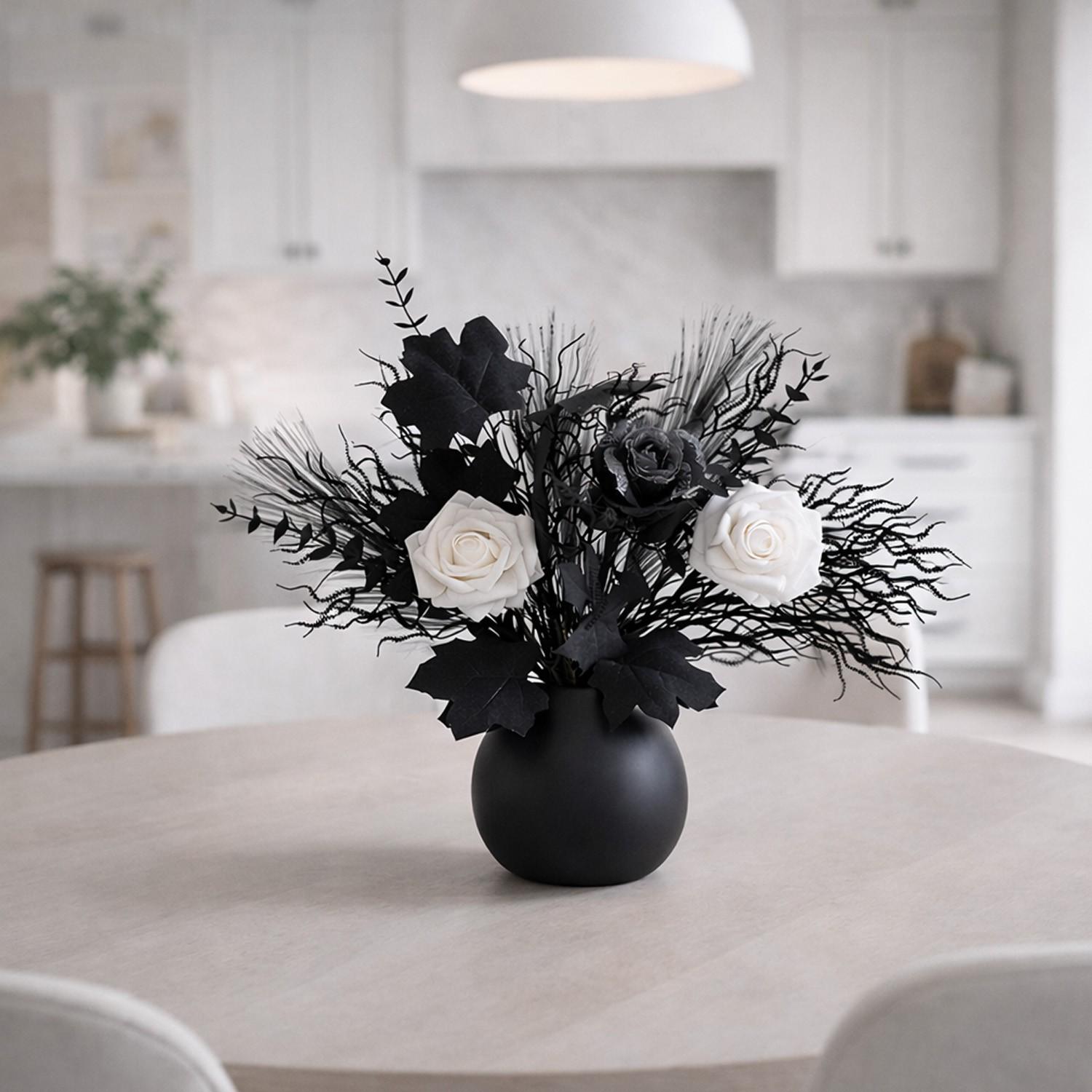 Artificial Flower Bouquet, Realistic Roses, Decorative Leaves, Feathery Stems, Monochrome Design, Modern Home Décor, No Maintenance
