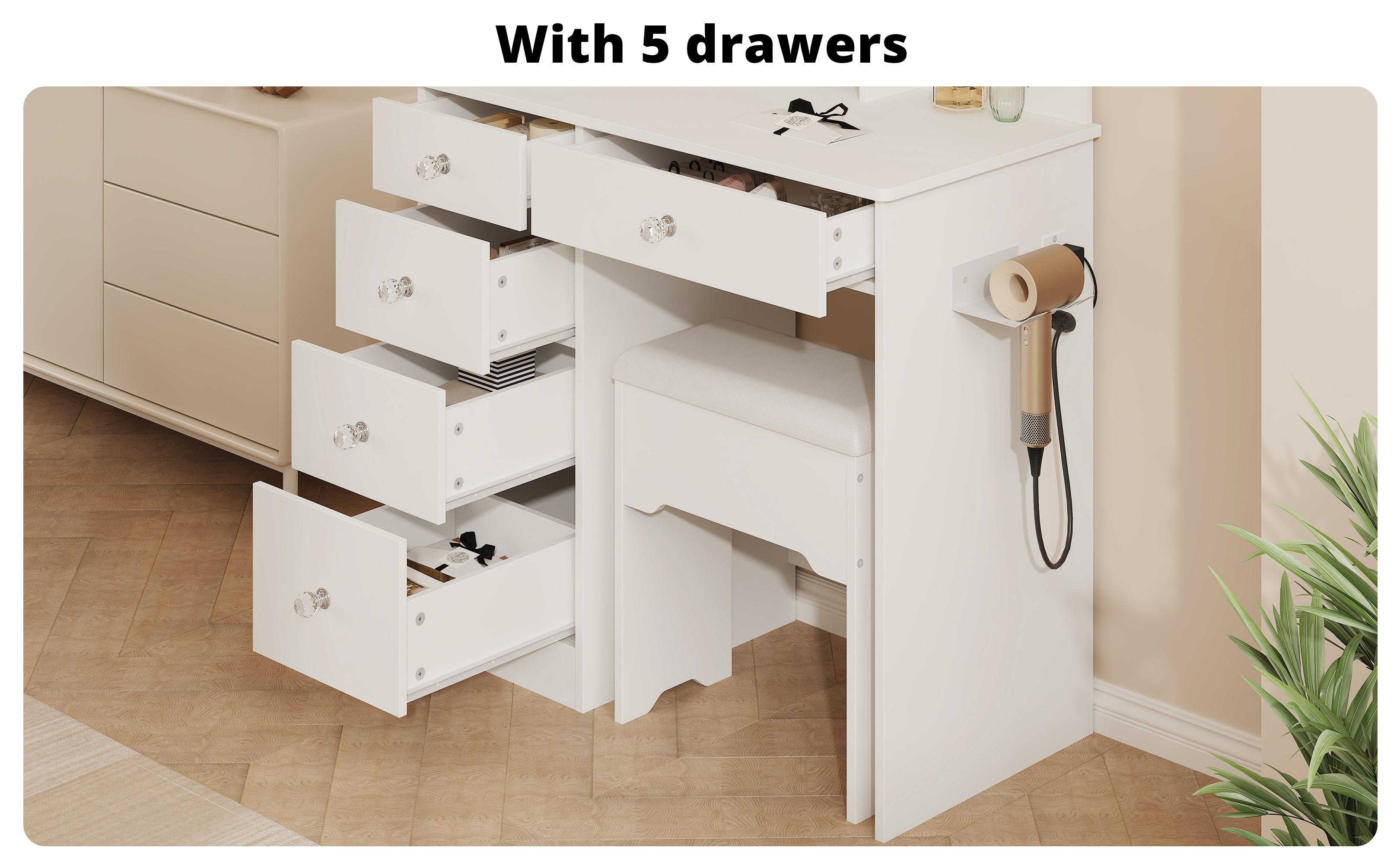 LIKIMIO Vanity Desk with Mirror & LED Light, Makeup Vanity Table with 5 Drawers, Power Outlet, and Vanity Stool, 3 Lighting Colors, Dressing Table for Bedroom