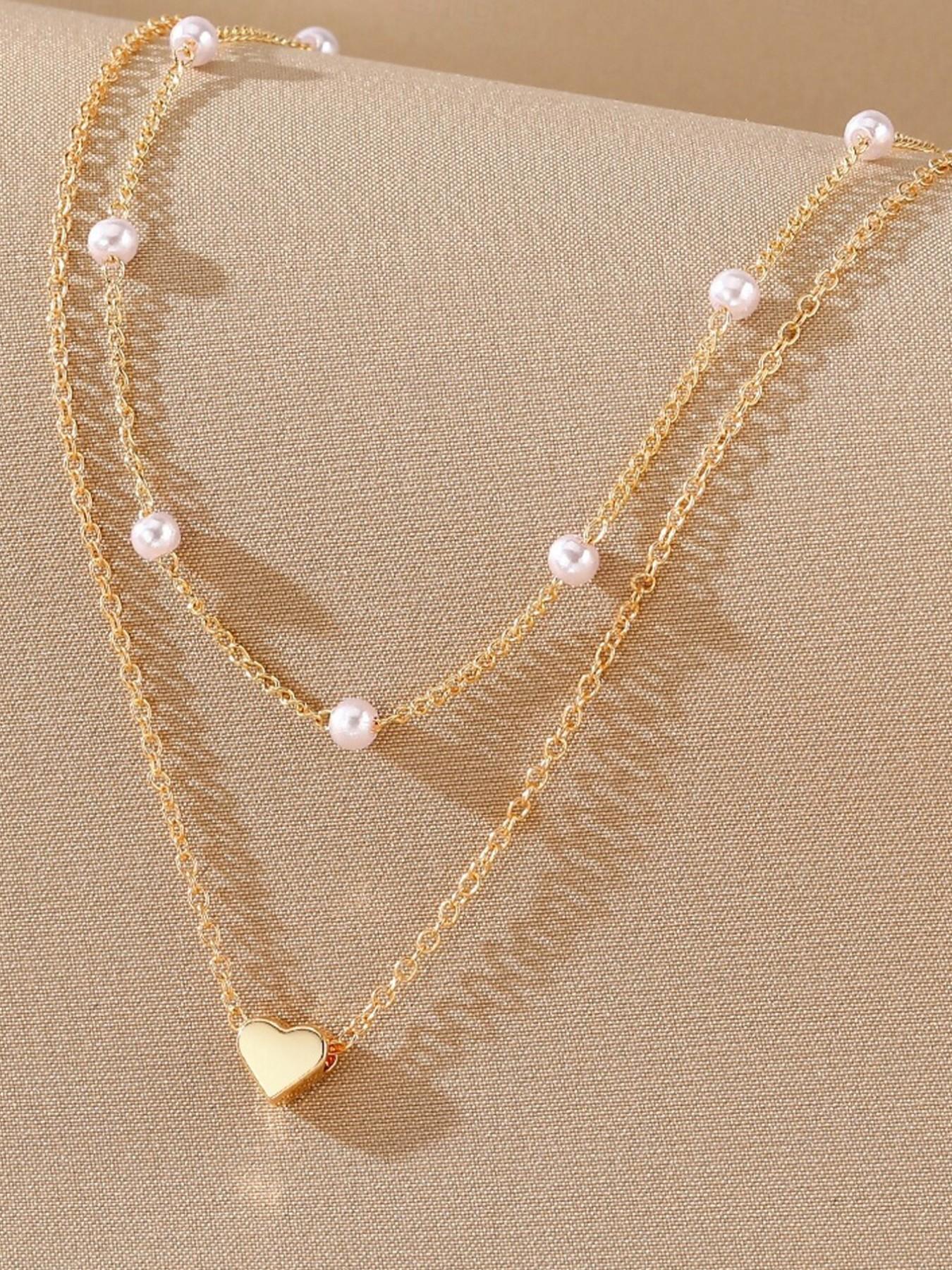 Women's Heart Pendant Necklace & Bracelet Set, Dainty Layered Chain with Pearl Beads, Elegant Romantic Jewelry Gift