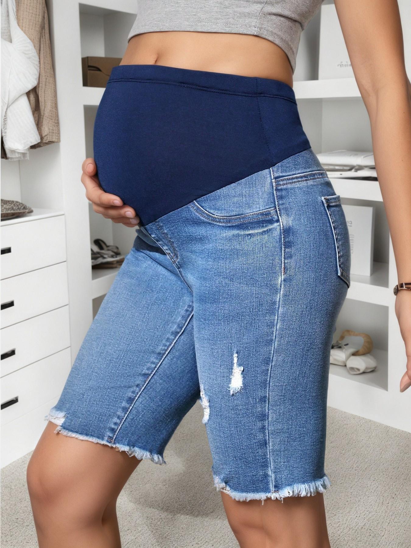 Blue Pregnant Jeans Shorts, Summer Belly Support Pants, Simple Ripped Thin Design, Wearable Outerwear, Pregnancy Clothing