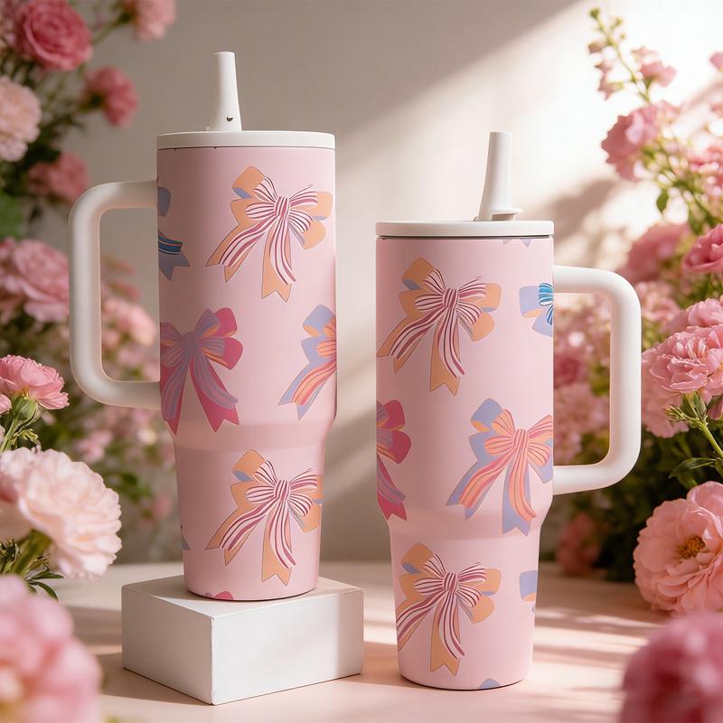 1 Pc 40oz skinny vacuum cup with handle and straw, double wall leak proof insulated mug Tumbler for hot cold drinks, keep warm 12 hours and cold 24 hours, Valentine's Day spring limited gift, steel travel thermal cup for women men, holiday party use