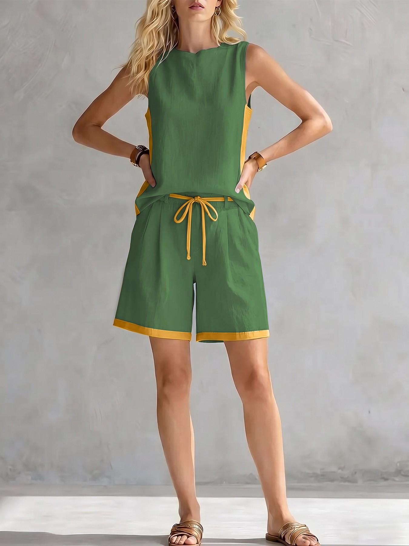 2026 New European and American Chic Style Sleeveless Colorblock Loose Top Wide Leg Pants Set for Women, Summer Casual Fashion Two-Piece Womenswear Clothes