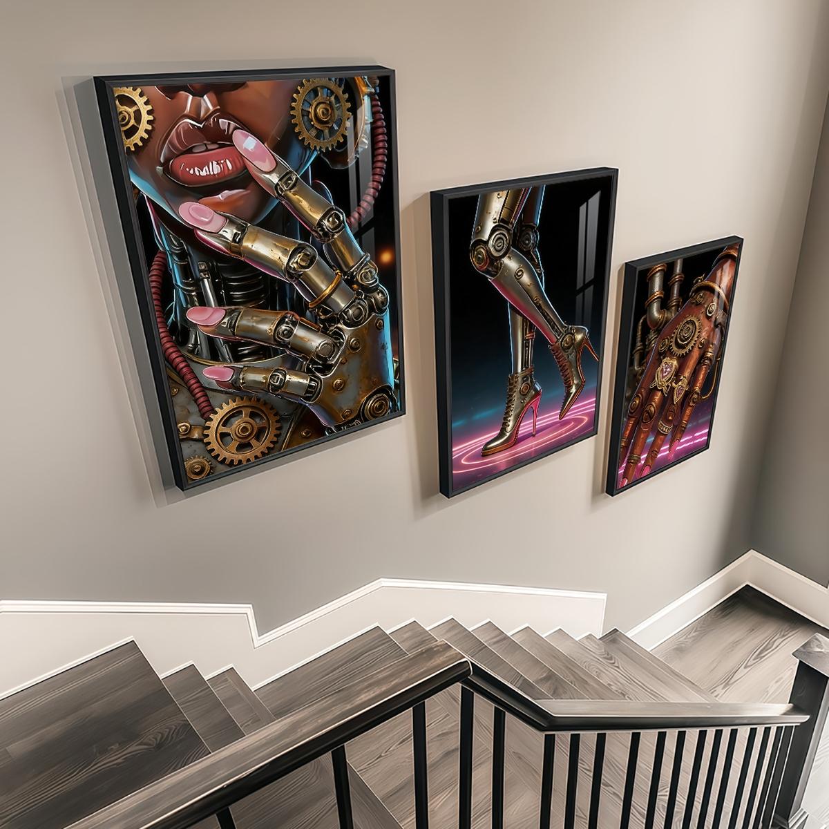 3 Counts Aluminum Alloy Framed Painting, Futuristic Cyberpunk Robot Art Pictures, Home Decoration For Living Room, Bedroom, Office, Restaurant, Hallway Wall Decor, Odorless Print Artwork, Luxury Perfect Gift For Friends And Family