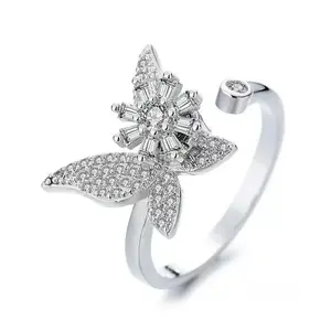 Women's 18mm Adjustable Open-Band Butterfly & Sunflower Fidget Ring – Hypoallergenic Spinner Ring, Elegant Anxiety-Relief Jewelry, Perfect Gift for Birthdays or Valentine's Day