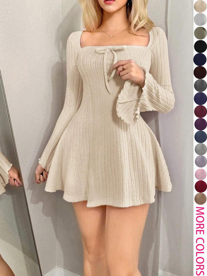 Y2K Style Women's Long Sleeve Mini Dress with Square Neck and Flare Sleeves, Casual for Spring & Fall