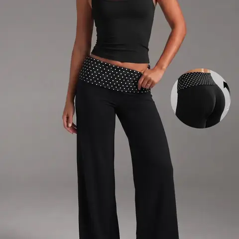 Women's Casual Fashion High-Waist Yoga Pants, Polka Dot Patchwork Design, Loose-Fit Quick-Dry Athletic Pants for All-Season, Sportswear, Athletic Bottoms