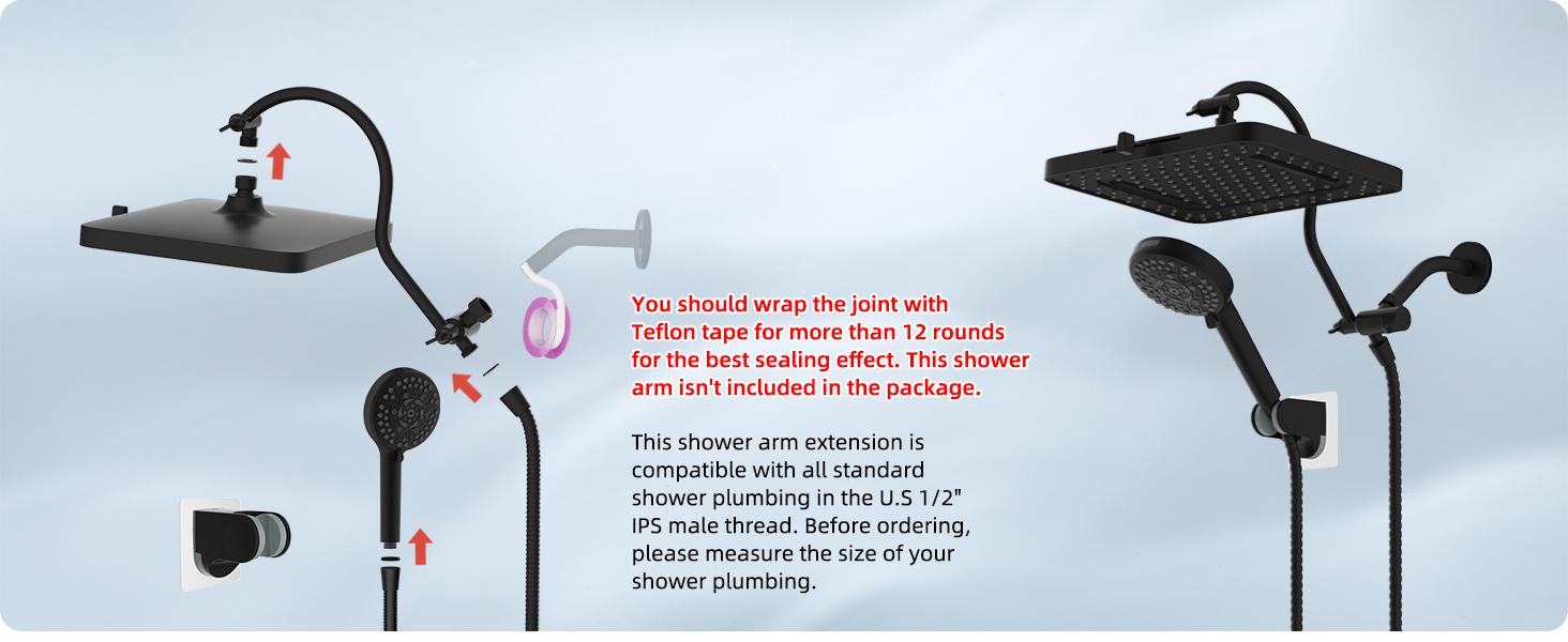 Hibbent Upgraded cUPC Certified 5-spray 13'' Shower Head, High Pressure Rainfall Shower Head, Dual Showerhead Combo with 10-mode Handheld Spray, 12'' Adjustable Extension Arm, 71'' Hose, Shower Holder, Matte Black