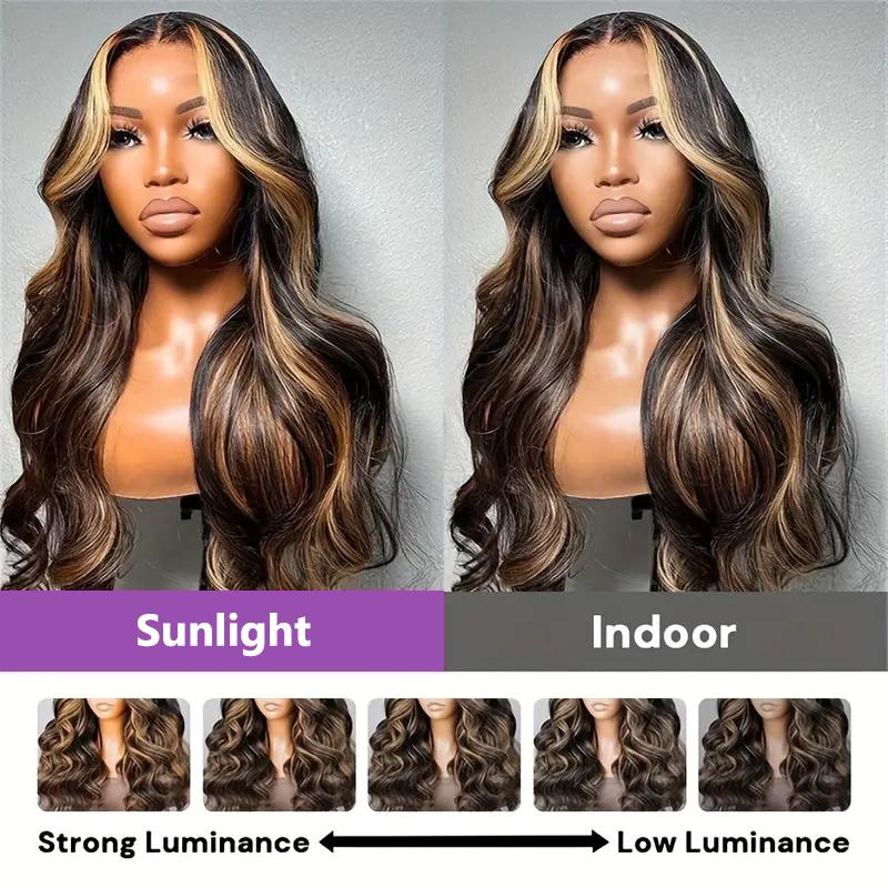 Highlight Ombre Lace Front Wig Human Hair Wear To Go Wig Pre Cut 5x5 Lace Closure Wigs Blended Hair Body Wave Lace Front Wigs Pre Plucked 5x5 Glueless Lace Wig P1B/27 Brown Highlight Wig 200 Density Colored 26 Inch Balayage Wigs for Women