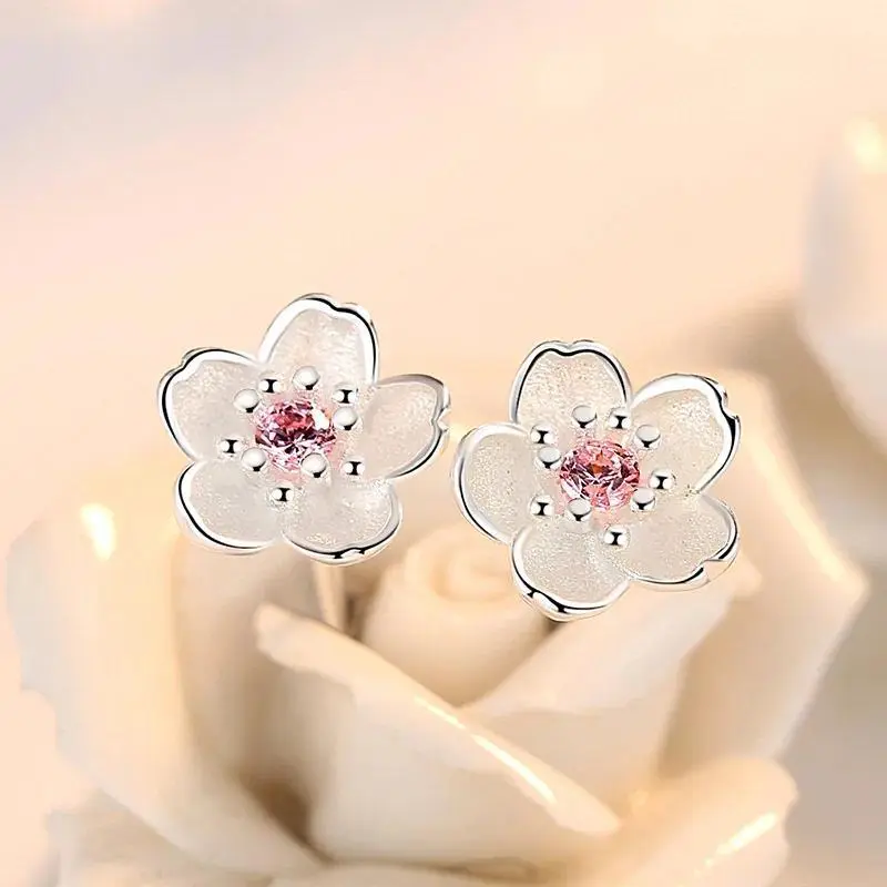 925 Jewelry Sterling Silver Earrings Cherry Blossom Inlaid Pink Zircon Ear Studs Simple and Popular Earrings for Women