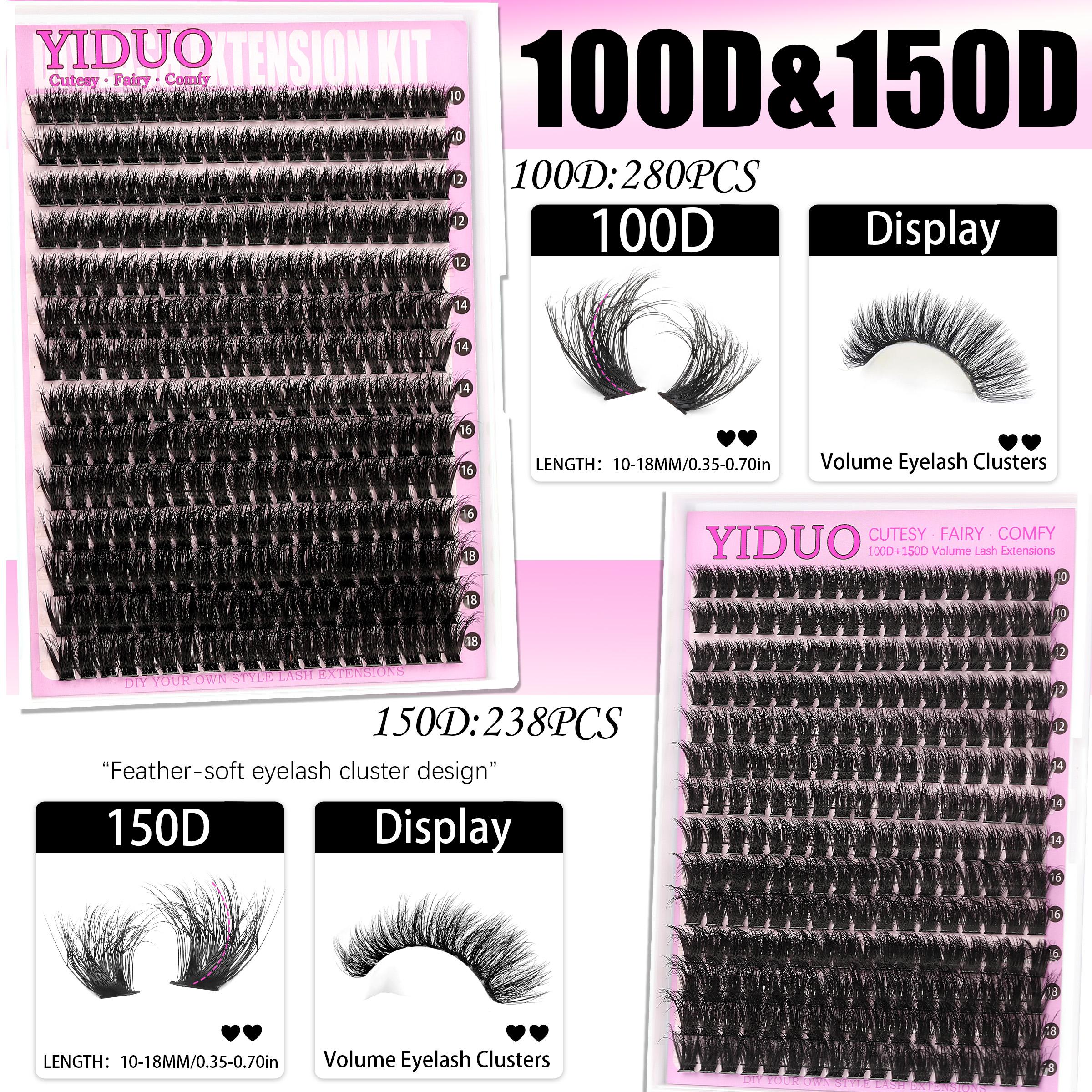 4-Style Lash Clusters Kit, 798pcs/set 10 to 18 mm D-Curl Volume Lashes Eyelash Extensions 60D/80D/100D/150D with Lash Bond and Seal, Remover, Tweezers and Brushes for Easy DIY at Home