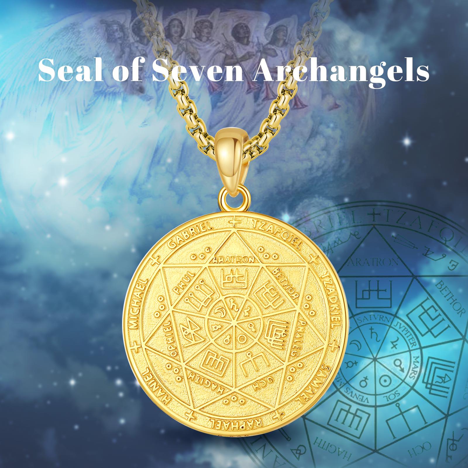 Antique Seal of Seven Archangels Necklace, Protective Solomon Pendant, Archangel Michael Talisman Amulet, Spiritual Jewelry Gift For Men
