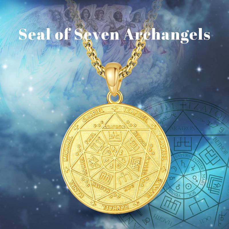 Antique Seal of Seven Archangels Necklace, Protective Solomon Pendant, Archangel Michael Talisman Amulet, Spiritual Jewelry Gift For Men